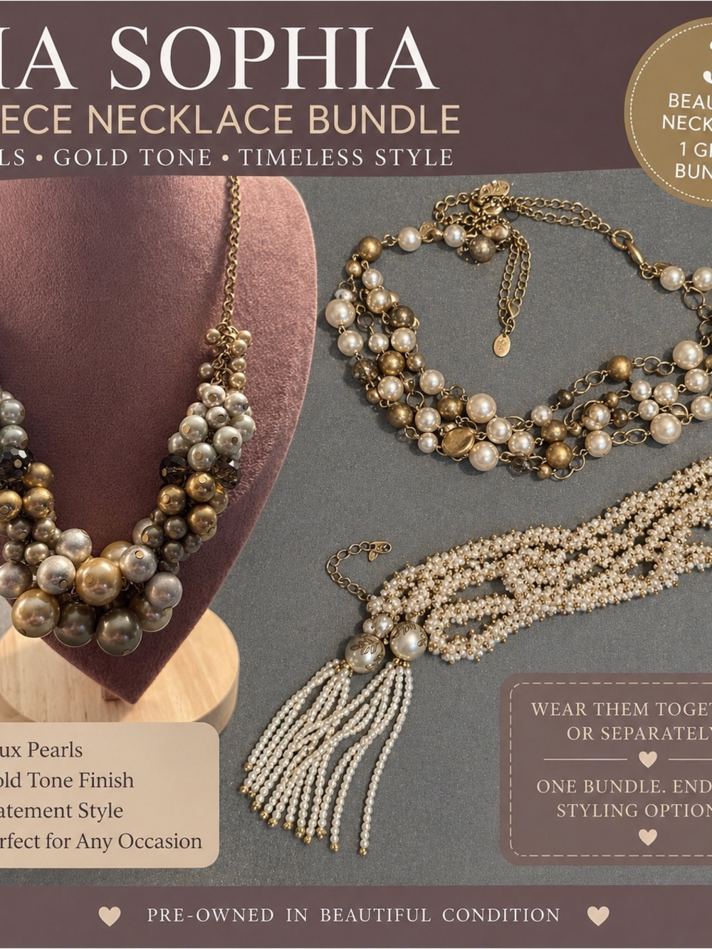 Lia Sophia Gold and Pearl-Tone Cluster Statement Necklace